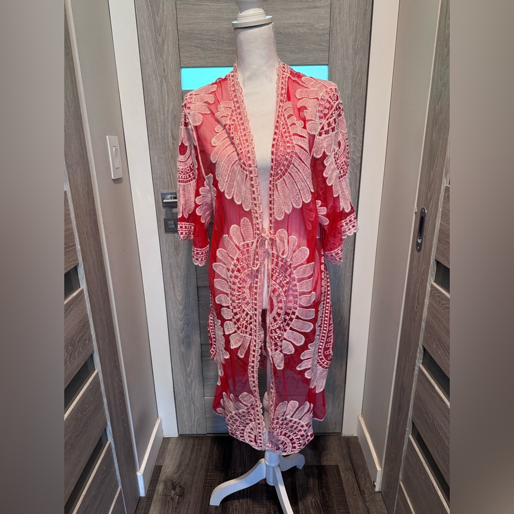 Ember Red Cream Lace Embroidered Kimono Sheer Open Front Boho Cover Up Size L